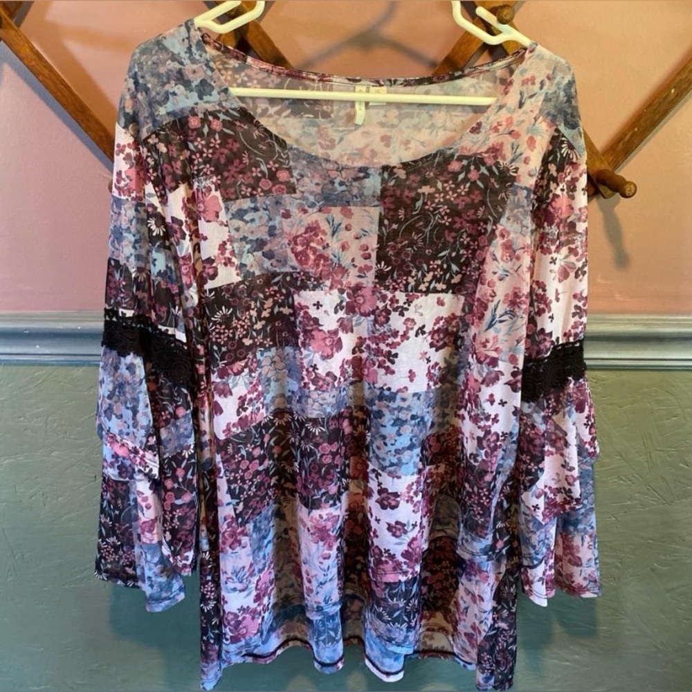 Cato Floral Sheer Bell Sleeve Blouse